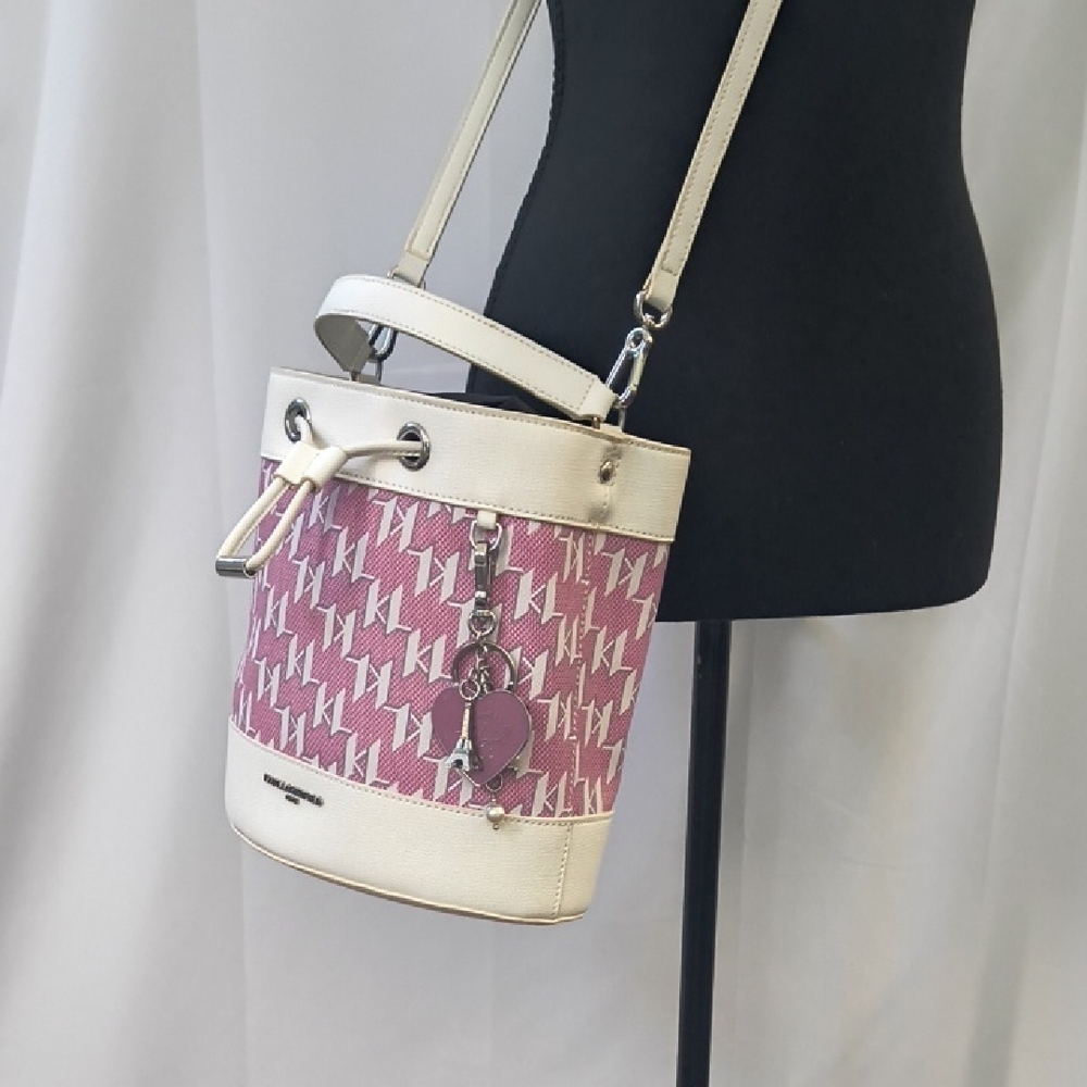 Like New Karl Lagerfield Paris Signature Leather Pink / Cream Bucket Bag